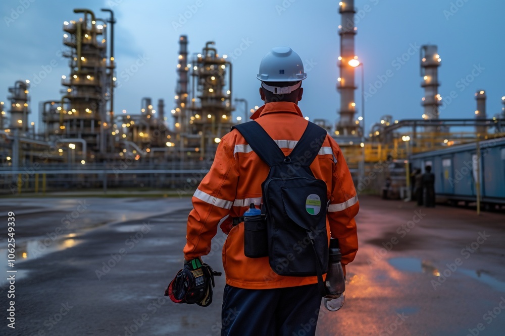 Worker in safety gear walking through an industrial facility at dusk.
