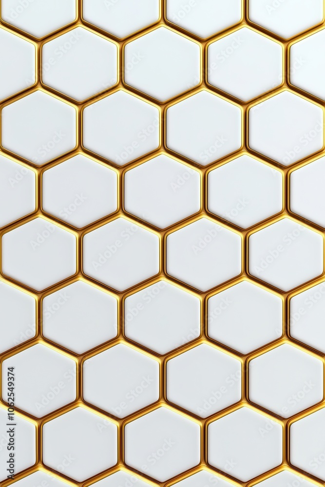 Close-up of a gold-trimmed hexagonal tile pattern against a clean white background. Close-up of a gold-trimmed hexagonal tile pattern against a clean white background.