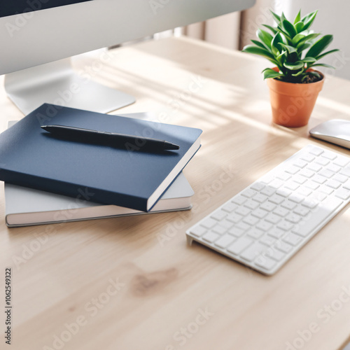  Workplace with computer keyboard and notebooks