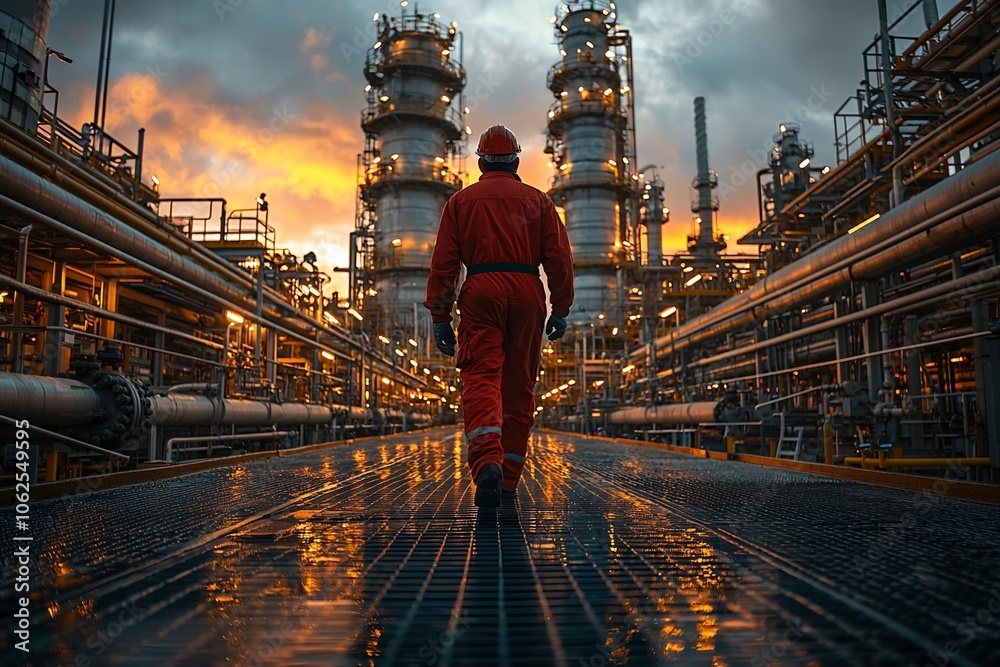 Naklejka premium Worker walking through an industrial facility at sunset.
