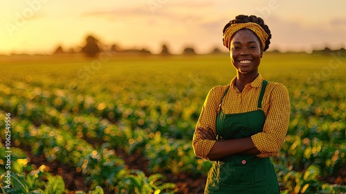 Smiling farmer in field at sunset, showcasing agricultural pride and dedication.