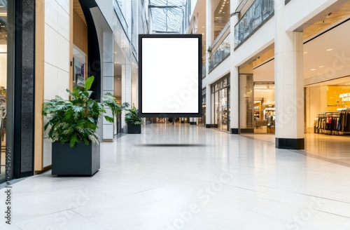 Exploring a modern shopping mall with blank advertisement space for creativity photo