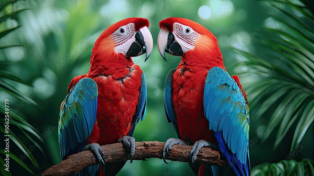 Fototapeta premium Two vibrant scarlet macaws perched on a branch in a lush tropical environment.