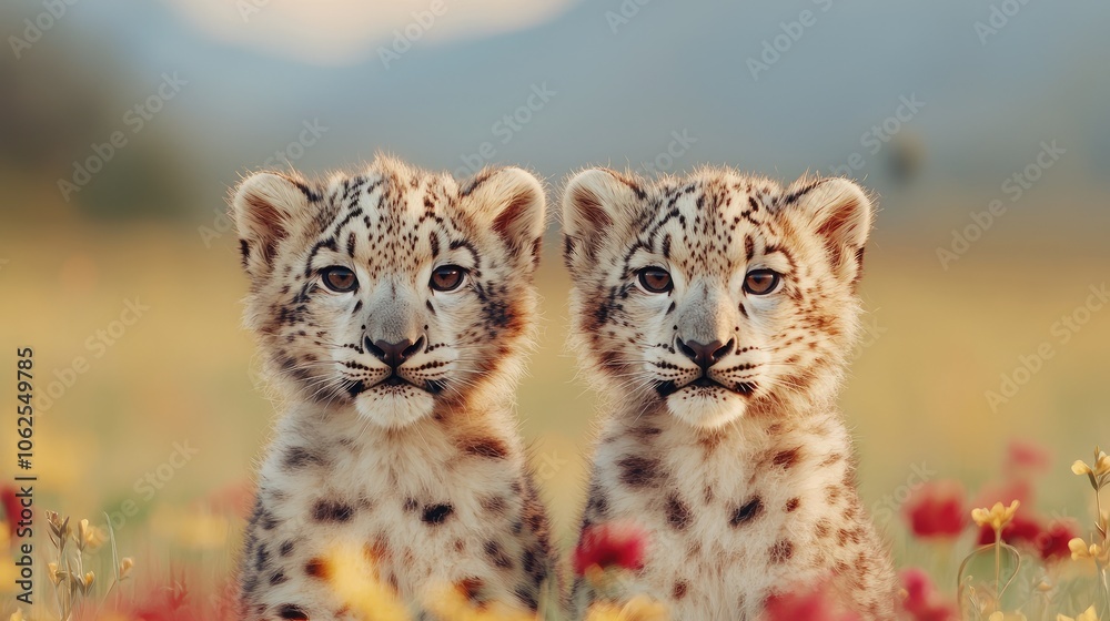 Fototapeta premium Two playful snow leopard cubs in a vibrant floral meadow, capturing their innocence.