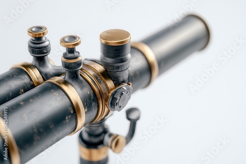 Close-up of an antique telescope showcasing brass and black detailing, exuding a sense of exploration and nostalgia.