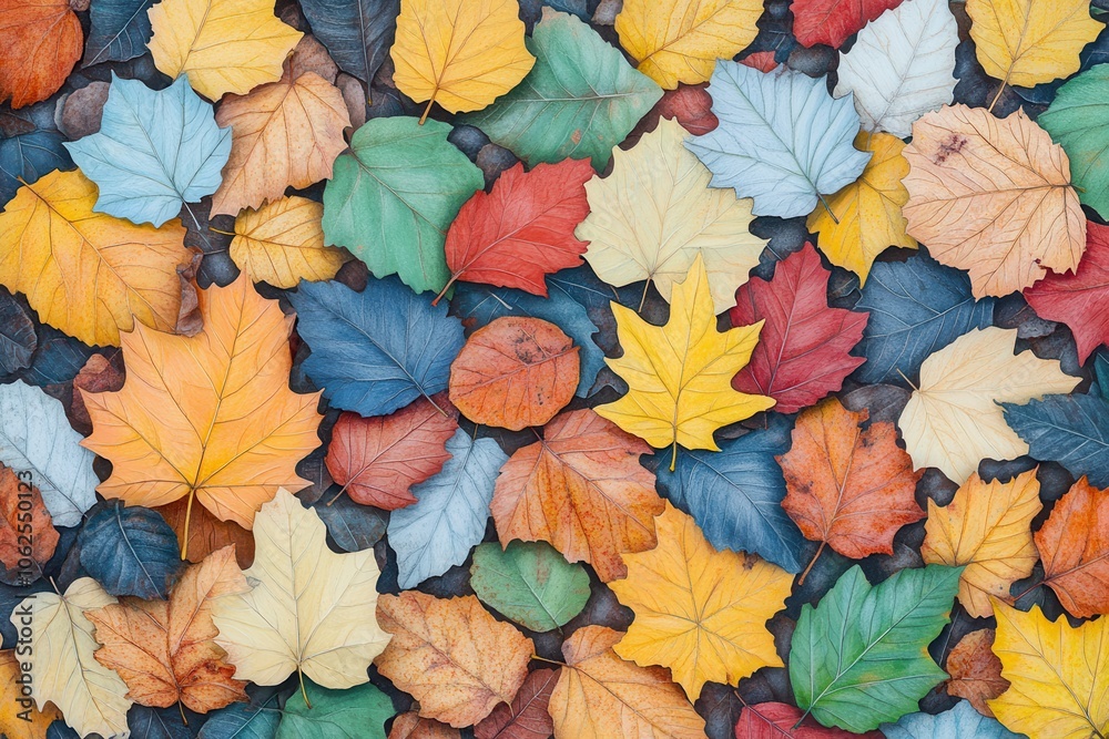 A vibrant array of autumn leaves in various colors creating a peaceful, natural mosaic. A vibrant array of autumn leaves in various colors creating a peaceful, natural mosaic.