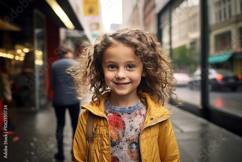 Portrait of a cute little girl with curly hair in the city