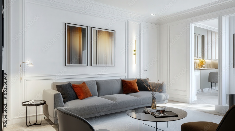 Fototapeta premium A living room with a couch, a coffee table, and a vase