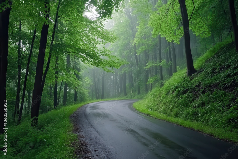 Obraz premium A tranquil winding road through a lush, green forest shrouded in mist, evoking a sense of calm and serenity.