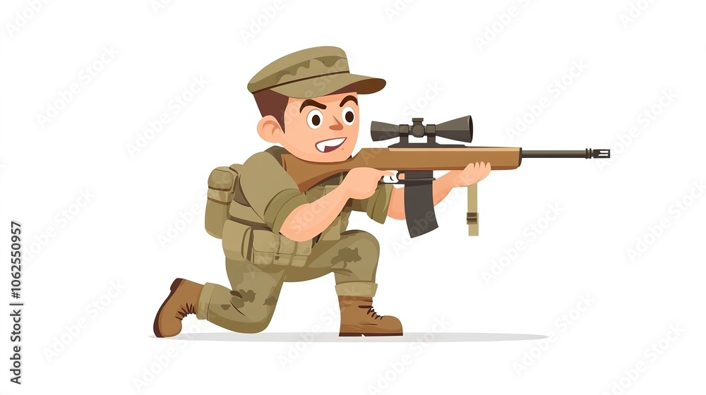 Fototapeta premium A charming cartoon illustration depicting a cute full-body view of an army sniper engaged in a military operation in a city environment. The sniper is portrayed in a playful style,