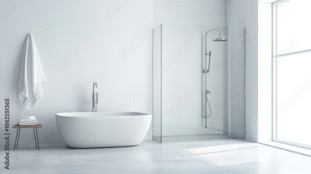 A bathroom with a white tub and shower stall A bathroom with a white tub and shower stall