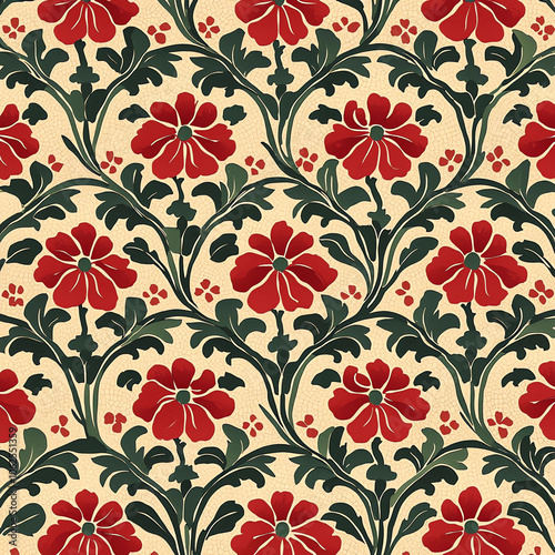  An elegant pattern of red flowers and green leaves on a beige background