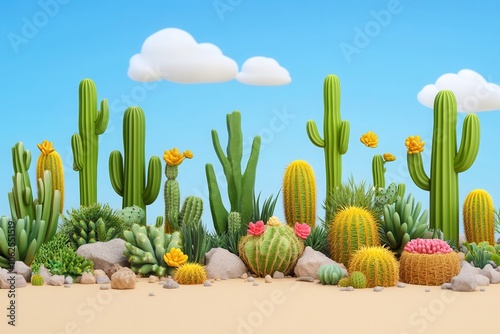 A vibrant desert scene filled with various cacti in bright colors against a clear blue sky with fluffy clouds.
