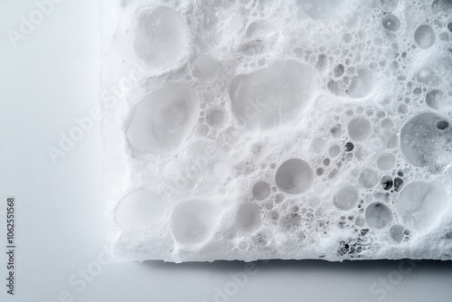 Abstract close-up of white foam with various bubble sizes, creating a textured and visually intriguing pattern.