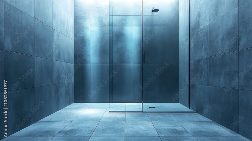 A bathroom with a shower and a glass door A bathroom with a shower and a glass door