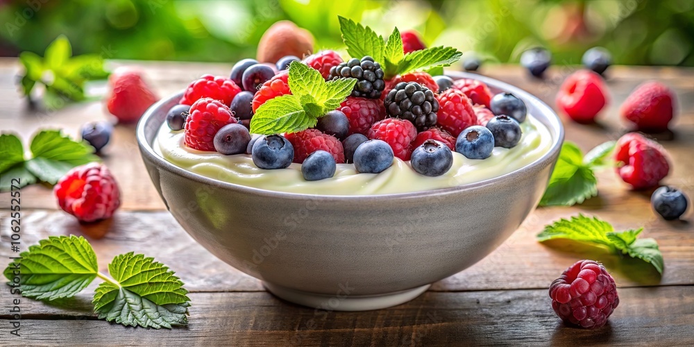 A creamy yogurt bowl topped with an assortment of fresh berries, a refreshing and healthy summer dessert. A creamy yogurt bowl topped with an assortment of fresh berries, a refreshing and healthy summer dessert.
