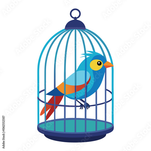 a beautiful bird inside a cage on a white background