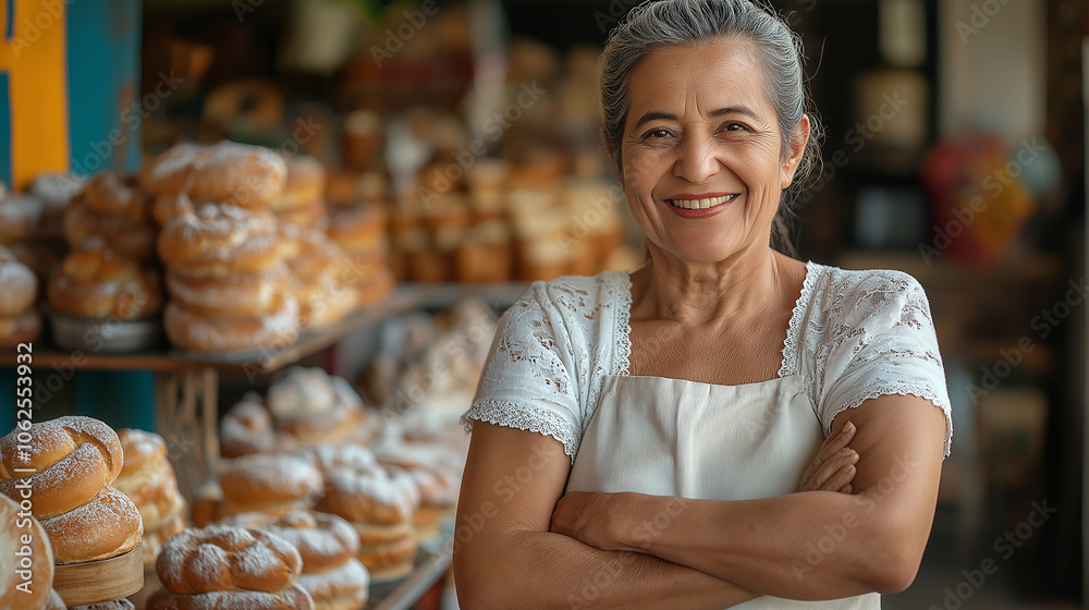 Happy senior baker woman smiling with arms crossed in bakery shop Happy senior baker woman smiling with arms crossed in bakery shop