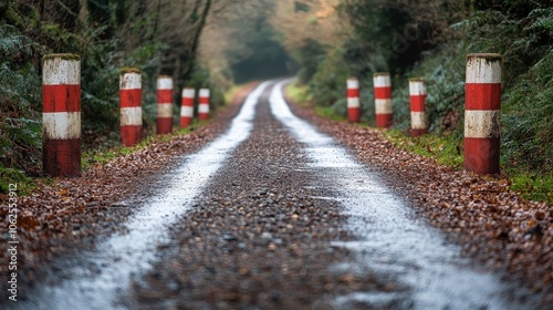 On either side of a country road are red-and-white road markers. On the other side are painted short posts that indicate steep slopes.