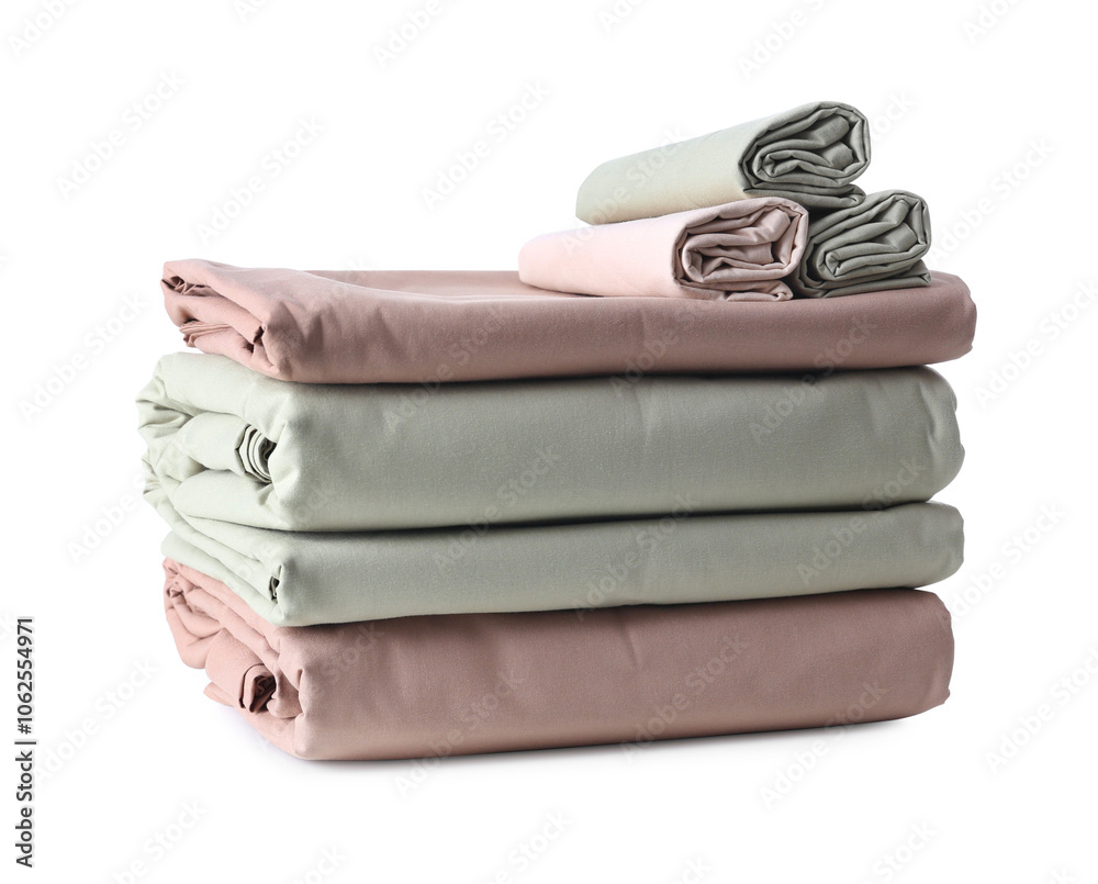 Stack of clean bed sheets isolated on white Stack of clean bed sheets isolated on white