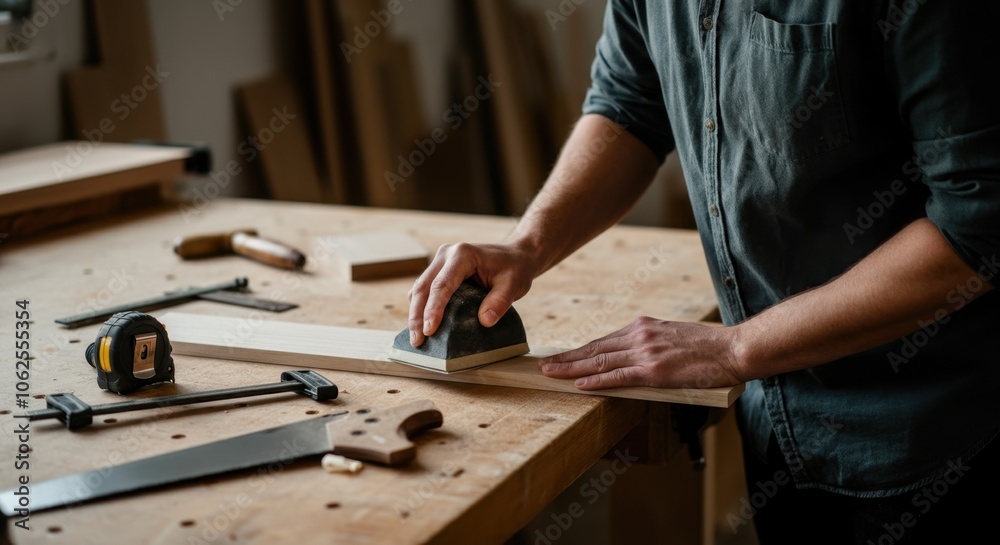 Person sanding wood in workshop Hands shown closely Person sanding wood in workshop Hands shown closely