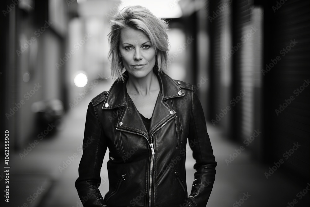 blond woman in leather jacket in the city at night, black and white blond woman in leather jacket in the city at night, black and white