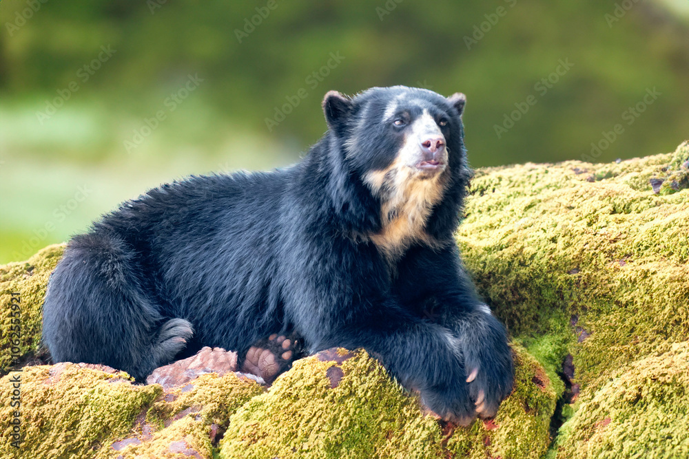 Fototapeta premium Spectacled bear (Tremarctos ornatus) in selective focus and depth blur.