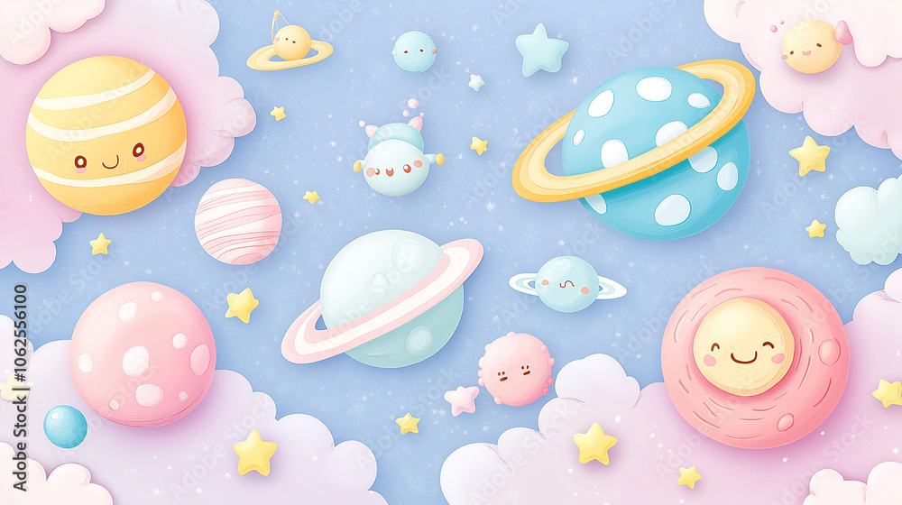 Create a vibrant, pastel-colored illustration of outer space with a playful and whimsical touch. The background should be a gradient of soft blues, pinks, and purples, giving a dreamy atmosphere. Create a vibrant, pastel-colored illustration of outer space with a playful and whimsical touch. The background should be a gradient of soft blues, pinks, and purples, giving a dreamy atmosphere.