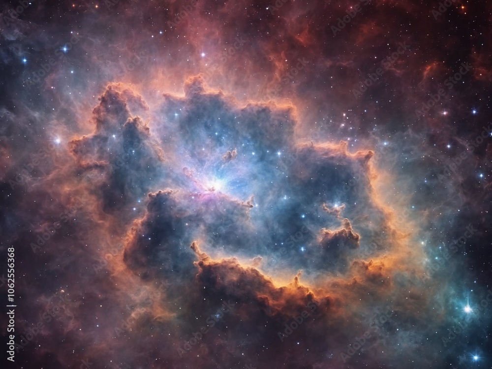 Naklejka premium Bright Nebula Surrounded by Colorful Cosmic Clouds in Deep Space 