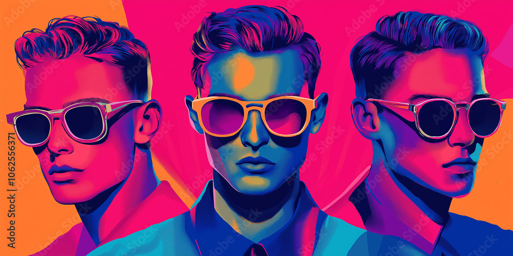 Three fashion models wearing stylish sunglasses in a vibrant, colorful setting Three fashion models wearing stylish sunglasses in a vibrant, colorful setting