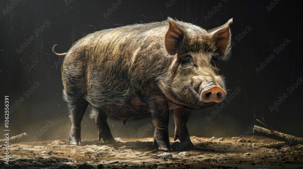 A wet pig in the forest during a storm, standing on muddy ground, surrounded by a rainy environment. A wet pig in the forest during a storm, standing on muddy ground, surrounded by a rainy environment.