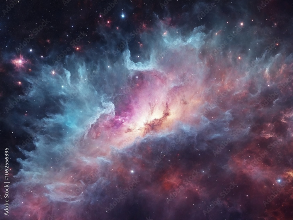 Naklejka premium Bright Nebula Surrounded by Colorful Cosmic Clouds in Deep Space 