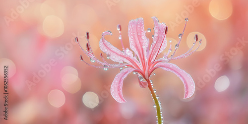 Pink nerine showing raindrops on blurred background photo