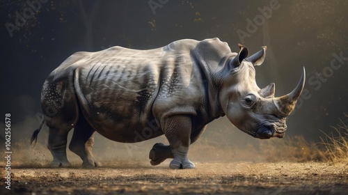 A rhino running on a dirt road in the sunrise, surrounded by dry brush.