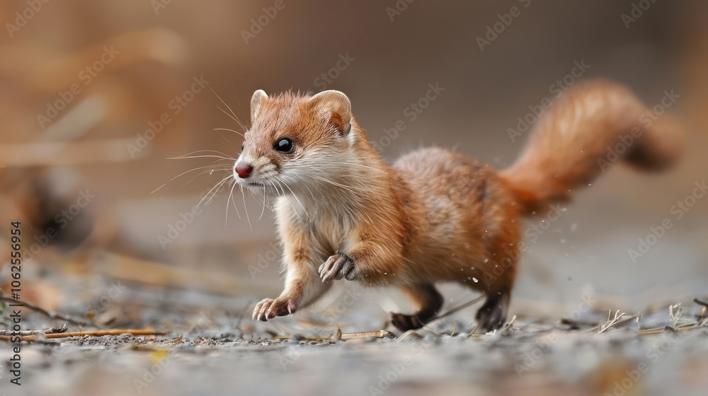 Obraz premium Small mammal, possibly a mouse or gerbil, captured mid-run.