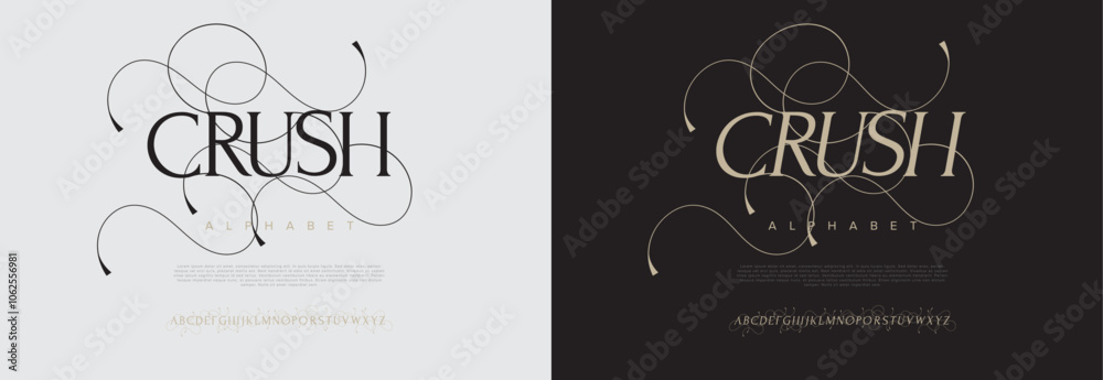 Crush typography beauty fashion elegant minimalist serif italic fonts decorative wedding vintage retro logos. Minimal luxury font alphabet logo. Vector illustration Crush typography beauty fashion elegant minimalist serif italic fonts decorative wedding vintage retro logos. Minimal luxury font alphabet logo. Vector illustration