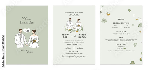 Wedding invitation template set feature simple line drawings of the wedding couple along with subtle floral in shades of green