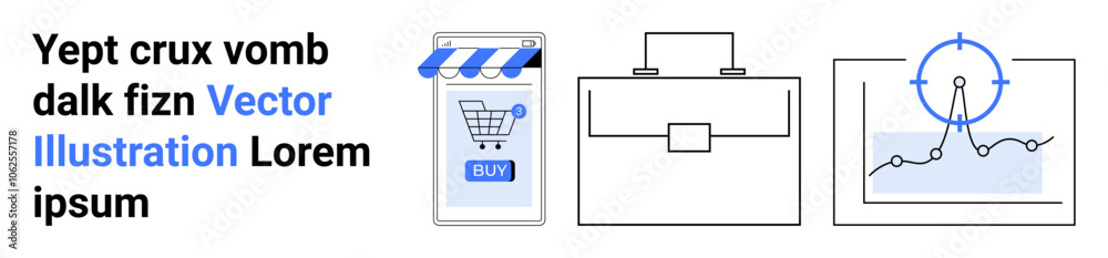 Smartphone with shopping app, professional briefcase, analytics graph with blue data points. Ideal for e-commerce, business planning, data analysis, digital marketing, corporate strategy, finance Smartphone with shopping app, professional briefcase, analytics graph with blue data points. Ideal for e-commerce, business planning, data analysis, digital marketing, corporate strategy, finance