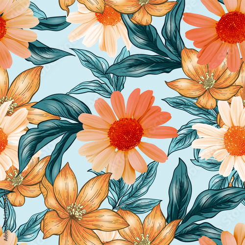 Floral seamless pattern of vibrant and tropical colorful flowers in shades of...