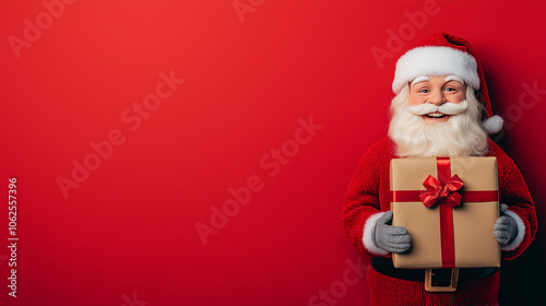 Santa claus holding christmas present on red background