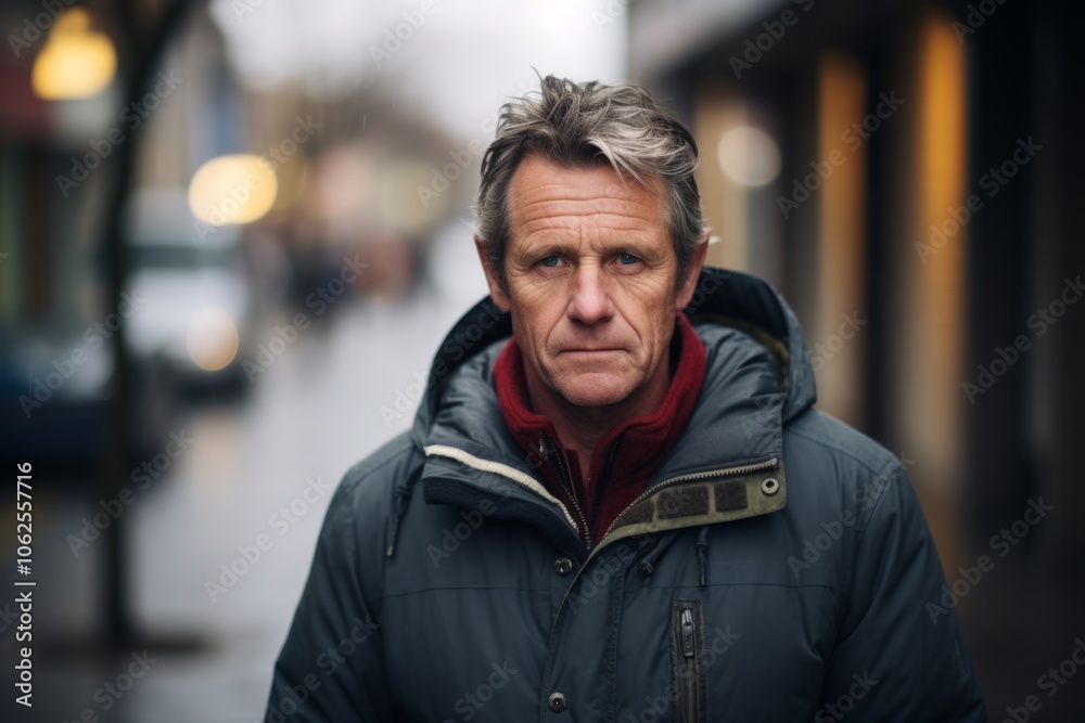 Portrait of senior man in winter jacket looking at camera in the city Portrait of senior man in winter jacket looking at camera in the city