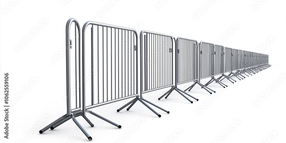 Long row of metal crowd control barriers creating a diagonal line on white background Long row of metal crowd control barriers creating a diagonal line on white background