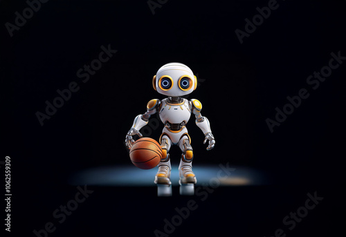 A white robot with yellow accents is dribbling a basketball in front of a black background. The robot has large, blue eyes.