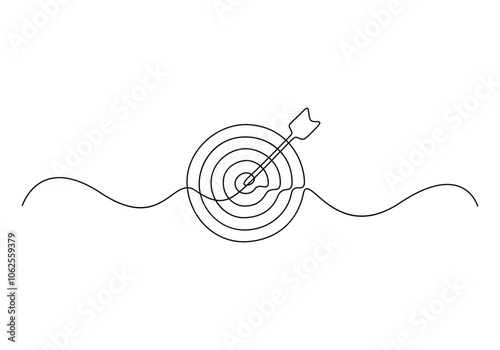 Continuous one line drawing of a editable target line in the center with an arrow. Concept for the business of hitting the target. Vector illustration