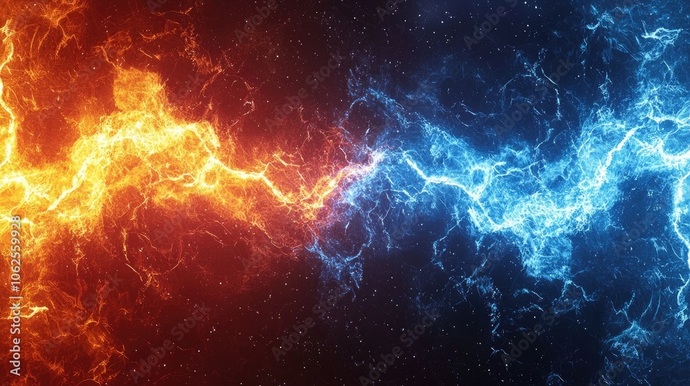 Fototapeta premium Abstract fiery and icy lightning clashing against a starry night sky