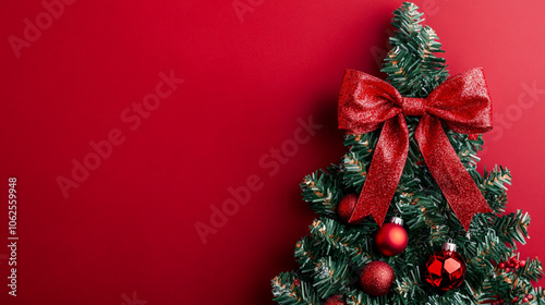 Decorative Christmas tree adorned with red ornaments and a glittery bow against a festive backdrop