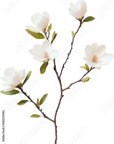 Magnolia branch with white blossoms isolated on transparent background. Natural beauty and floral elegance concept