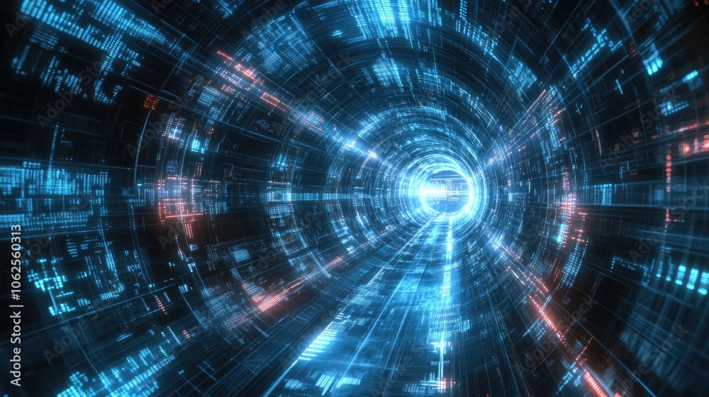 Digital Tunnel of Blue and Red Code with Glowing Lines Digital Tunnel of Blue and Red Code with Glowing Lines