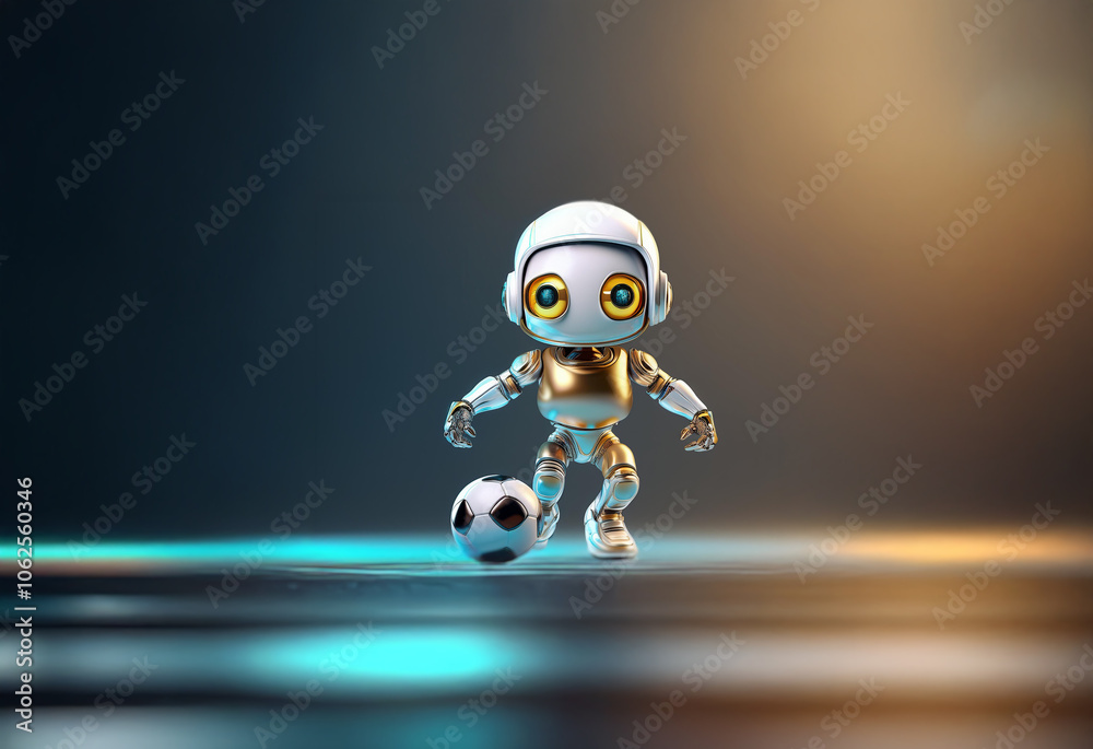 A small, humanoid robot with a white head and golden body kicks a black and white soccer ball on a glowing platform. A small, humanoid robot with a white head and golden body kicks a black and white soccer ball on a glowing platform.