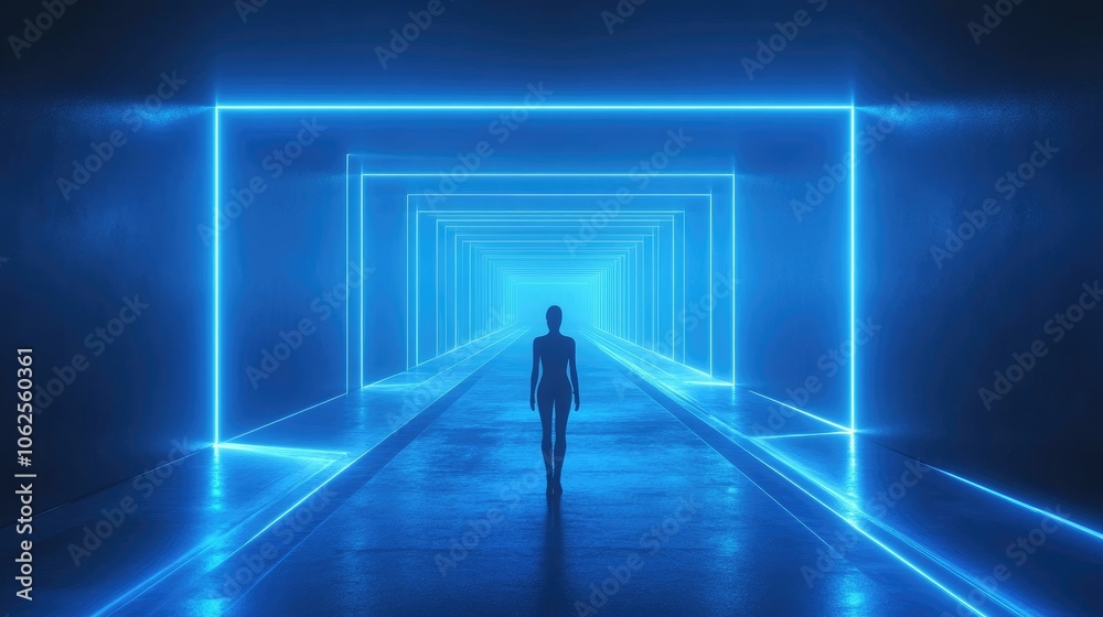 Silhouette of a Person Walking Through a Neon-Lit Corridor Silhouette of a Person Walking Through a Neon-Lit Corridor